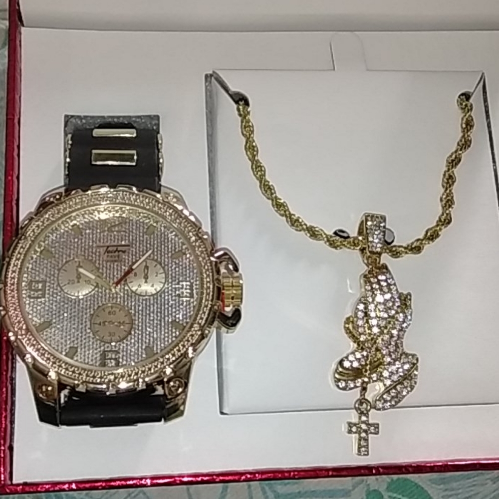 BRAND NEW ICED OUT BLONG WATCH AND NECKLACE SET